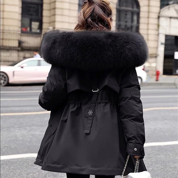 Black Faux Fur Warm Parka Wind Breaker Hood Fleece Lined Raincoat Coat Jacket - Picture 4 of 14